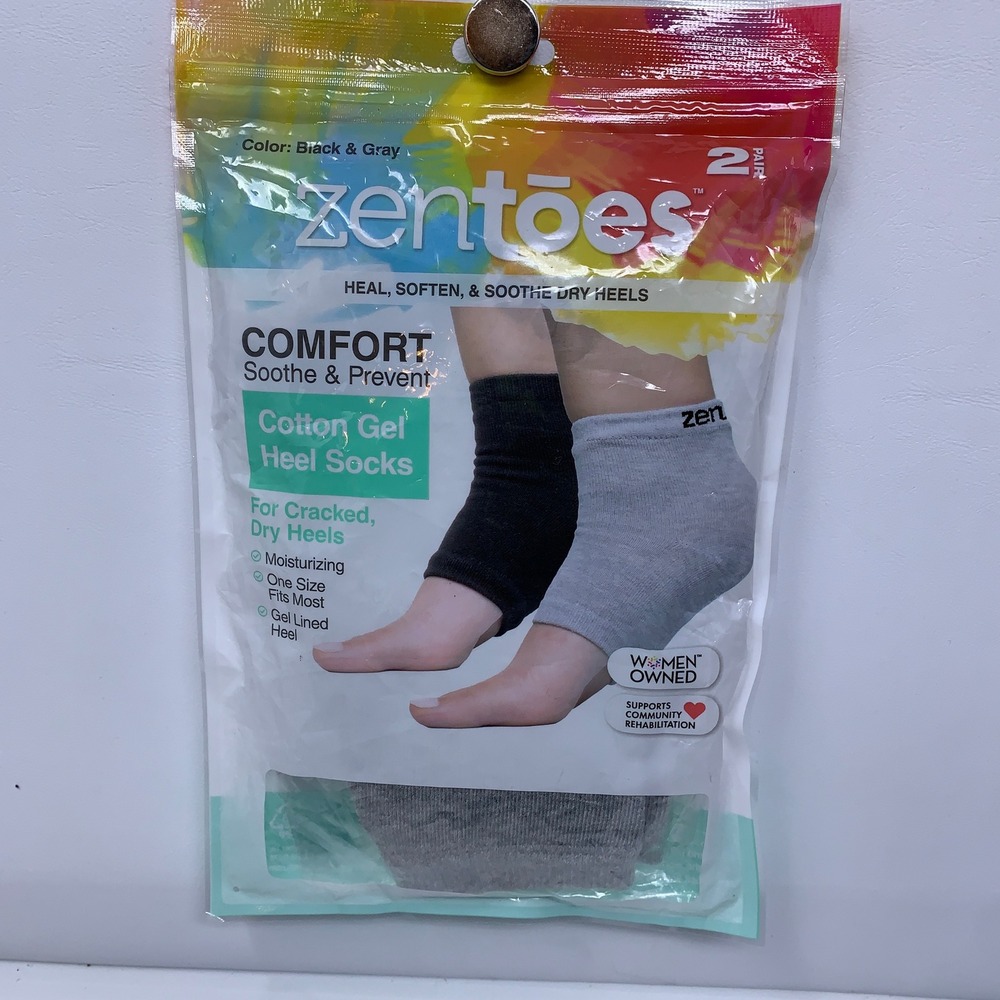 ZenToes Unisex One Size Black Gray Cotton Gel Heel Socks 2 Pair NWT